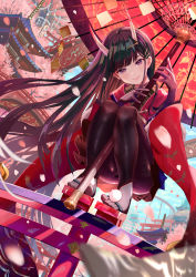 Rule 34 | 1girl, absurdres, architecture, azur lane, black gloves, black hair, black pantyhose, blue sky, blunt bangs, blush, bridge, building, closed mouth, cloud, cloudy sky, day, east asian architecture, feet, gloves, hair ornament, hairclip, head tilt, highres, holding, holding umbrella, horns, ito lab, japanese clothes, kimono, long hair, looking at viewer, noshiro (azur lane), noshiro (uncharted festival grounds?) (azur lane), oil-paper umbrella, oni horns, outdoors, pantyhose, purple eyes, railing, red kimono, red umbrella, sandals, sky, smile, solo, squatting, toeless legwear, toes, tree, umbrella, very long hair, wide sleeves