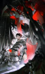 Rule 34 | 1boy, amamiya ren, arsene (persona 5), ascot, black hair, btmr game, chain, claws, commentary request, hair between eyes, highres, jacket, kneeling, long sleeves, male focus, mask, pants, parted lips, persona, persona 5, prison clothes, red jacket, signature, white ascot