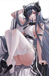 Rule 34 | 1girl, absurdres, animal ears, arm behind head, arm garter, arm up, august von parseval (azur lane), august von parseval (the conquered unhulde) (azur lane), azur lane, bare arms, bare shoulders, black bow, black bowtie, black footwear, black hair, black skirt, bow, bowtie, breasts, collared shirt, eternity (shadeh), feet, full body, hair over one eye, high heels, highres, horns, knees up, large breasts, long hair, looking at viewer, mechanical horns, mouth hold, official alternate costume, purple eyes, revision, ribbon, ribbon in mouth, shirt, shoe dangle, shoes, sideboob, single shoe, sitting, skirt, sleeveless, sleeveless shirt, solo, thighhighs, very long hair, white background, white shirt, white thighhighs