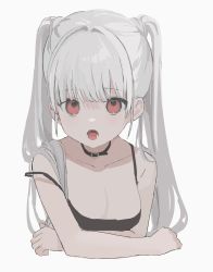 Rule 34 | 1girl, 33bun3, absurdres, bare shoulders, black choker, breasts, choker, cleavage, collarbone, grey background, grey hair, highres, long hair, lower teeth only, medium breasts, open mouth, original, red eyes, simple background, solo, teeth, tongue, twintails, upper body, uvula
