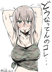 Rule 34 | 10s, 1girl, 3:, armpits, arms up, artist name, blush, breasts, camisole, cleavage, closed mouth, girls und panzer, green eyes, hair between eyes, hair tie, itsumi erika, large breasts, light brown hair, looking up, messy hair, mouth hold, one-hour drawing challenge, shirt, sidelocks, simple background, sketch, solo, sweat, tied shirt, white background, yusukesan