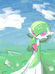 Rule 34 | 1girl, absurdres, arm at side, blue sky, blush, bob cut, closed mouth, cloud, colored skin, creatures (company), day, female focus, flat chest, game freak, gardevoir, gen 3 pokemon, grass, green hair, green skin, hair between eyes, hand to own mouth, hand up, highres, light blush, looking at viewer, mame (pixiv 57985908), multicolored skin, nintendo, outdoors, pokemon, pokemon (creature), red eyes, short hair, sketch, sky, solo, two-tone skin, white skin