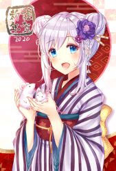 Rule 34 | 1girl, 2020, :d, ai (sigatutoukaa), animal, back bow, blue eyes, blush, bow, commentary request, double bun, egasumi, flower, hair bun, hair flower, hair ornament, highres, holding, holding animal, japanese clothes, kimono, long sleeves, looking at viewer, mouse (animal), obi, open mouth, original, purple flower, sash, short hair with long locks, sidelocks, silver hair, smile, solo, striped clothes, striped kimono, tareme, upper body, wide sleeves, yukata
