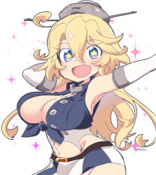 Rule 34 | 1girl, armpits, blonde hair, breasts, cleavage, elbow gloves, front-tie top, garter straps, gloves, hair between eyes, headgear, iowa (kancolle), kantai collection, large breasts, long hair, miniskirt, navel, open mouth, skirt, solo, star-shaped pupils, star (symbol), striped, symbol-shaped pupils, tsukko (3ki2ne10), vertical stripes