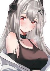 Rule 34 | 1girl, arknights, bare shoulders, black tank top, blush, breasts, grey hair, hair between eyes, highres, horns, infection monitor (arknights), jacket, large breasts, long hair, looking at viewer, mudrock (arknights), off shoulder, open mouth, portrait, raramente, red eyes, shirt, simple background, sleeveless, sleeveless shirt, solo, straight hair, sweat, tank top, teeth, white background, white jacket