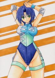 Rule 34 | 1girl, ahoge, ass, blue hair, breasts, cameltoe, covered erect nipples, female focus, green eyes, knee pads, large breasts, leotard, looking at viewer, lucky uchida, short hair, solo, thighs, white background, wrestle angels, wrestle angels survivor, wrestling outfit, yutakasan-love