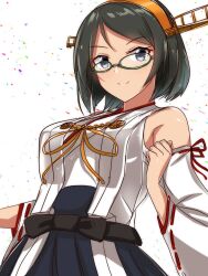 Rule 34 | 1girl, black hair, blush, breasts, detached sleeves, glasses, green-framed eyewear, hairband, headgear, highres, japanese clothes, kantai collection, kirishima (kancolle), kirishima kai ni (kancolle), medium breasts, nontraditional miko, ribbon-trimmed sleeves, ribbon trim, roko roko (doradorazz), short hair, smile, solo, upper body