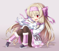 Rule 34 | 1girl, ;d, ainu clothes, black footwear, blush, bow, brown background, brown pantyhose, commentary request, creature, fate/grand order, fate (series), fou (fate), hair between eyes, hair bow, hairband, illyasviel von einzbern, leg warmers, light brown hair, long hair, one eye closed, open mouth, pantyhose, pink bow, pink hairband, purple eyes, red eyes, shoes, sitonai (fate), sitonai (fate/grand order), sitting, smile, solo, twitter username, tyone, very long hair