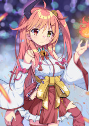 Rule 34 | :3, absurdres, ahoge, bare shoulders, bell, blurry, bokeh, breasts, chai mao, commentary, cowboy shot, demon horns, depth of field, detached sleeves, embers, fire, frilled skirt, frills, hair bell, hair ornament, hakama, hakama short skirt, hakama skirt, heterochromia, highres, hip vent, hololive, horns, japanese clothes, jingle bell, long hair, looking at viewer, magic, no bra, nontraditional miko, one side up, pink hair, red eyes, red skirt, sakura miko, sakura miko (1st costume), sideboob, single horn, skirt, solo, very long hair, virtual youtuber, white sleeves, wide sleeves, yellow eyes