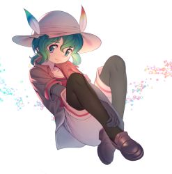 Rule 34 | 1girl, black gloves, black pantyhose, brown footwear, commentary, crossed ankles, elbow gloves, full body, gloves, green eyes, green hair, hair between eyes, hair ribbon, hat, hat feather, highres, jacket, kaban (kemono friends), kemono friends, looking at viewer, low ponytail, mary janes, medium hair, mifu (b24vc1), open clothes, open jacket, pantyhose, pantyhose under shorts, red shirt, ribbon, shirt, shoes, short ponytail, short sleeves, shorts, simple background, solo, white background, white hat, yellow ribbon