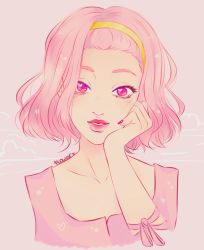 Rule 34 | 1girl, artist name, bad id, bad twitter id, disembodied hand, florencia giselle, hairband, heart, heart-shaped pupils, highres, jojo no kimyou na bouken, lipstick, makeup, nail polish, pink eyes, pink hair, pink lips, pink nails, ribbon, smile, solo, sugimoto reimi, symbol-shaped pupils, upper body