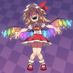 Rule 34 | 1girl, @ @, ascot, blonde hair, bow, checkered background, commentary request, constricted pupils, contrast, fangs, flandre scarlet, full body, hat, highres, mary janes, miniskirt, mob cap, nappooz, open mouth, outline, outstretched arms, purple background, red eyes, ribbon, shaded face, shoes, side ponytail, simple background, skirt, solo, sparkle, spread arms, standing, tears, touhou, wings