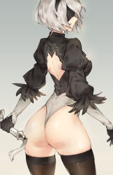 Rule 34 | 1girl, ass, back, back cutout, black thighhighs, blindfold, bob cut, breasts, clothing cutout, contrapposto, cowboy shot, from behind, ge-b, gradient background, highleg, highleg leotard, leotard, long sleeves, medium breasts, nier (series), nier:automata, short hair, shoulder blades, silver hair, simple background, solo, standing, sword, thighhighs, weapon, 2b (nier:automata)
