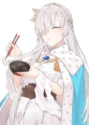 Rule 34 | 1girl, anastasia (fate), blue cloak, blush, bowl, breasts, chopsticks, cloak, closed eyes, closed mouth, commentary request, dress, eyes visible through hair, fate/grand order, fate (series), fingernails, food, food in mouth, hair over one eye, hairband, hayashi kewi, holding, holding bowl, holding chopsticks, long hair, royal robe, silver hair, small breasts, solo, very long hair, white dress