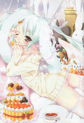 Rule 34 | 1girl, absurdres, arched back, ass, bed, blue hair, cake, candy, cup, dress, feet, food, frilled thighhighs, frills, green hair, highres, kamiya maneki, lying, macaron, no shoes, on stomach, red eyes, scan, solo, stuffed animal, stuffed rabbit, stuffed toy, sweater, sweater dress, teacup, thighhighs, tiered tray