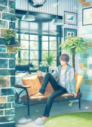 Rule 34 | 1boy, bad id, bad pixiv id, barefoot, boots, brick wall, brown hair, cat, clock, converse, couch, daisy, denim, flower, glasses, hood, hoodie, indie utaite, indoors, jeans, lamp, light smile, male focus, original, painting (object), pants, pillow, plant, potted plant, rug, short hair, sitting, slippers, unworn slippers, solo, suda ayaka, vines, window, wooden floor