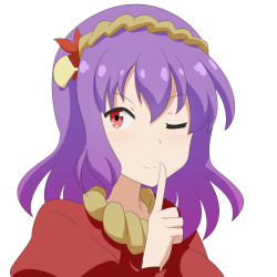 Rule 34 | 1girl, autumn leaves, brown hairband, cato (monocatienus), closed mouth, hair between eyes, hair ornament, hairband, hand up, highres, leaf, leaf hair ornament, long sleeves, looking to the side, one eye closed, puffy sleeves, purple hair, red eyes, red shirt, red sleeves, shirt, short hair, simple background, smile, solo, touhou, upper body, white background, wink, yasaka kanako
