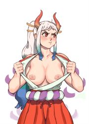 Rule 34 | 1girl, absurdres, annoyed, athos (athosart), bare arms, bare shoulders, blue hair, blush, breasts, closed mouth, clothes pull, collarbone, cowboy shot, curled horns, flashing, green hair, hair ornament, hair stick, hakama, hakama pants, hakama skirt, hands up, high ponytail, highres, horns, japanese clothes, kimono, kimono pull, large breasts, long hair, looking to the side, multicolored hair, multicolored horns, nipples, no bra, nose blush, one piece, pants, pout, pulled by self, red hakama, red horns, rope, shimenawa, sidelocks, simple background, skirt, sleeveless, sleeveless kimono, solo, stomach, v-shaped eyebrows, very long hair, white background, yamato (one piece), yellow horns