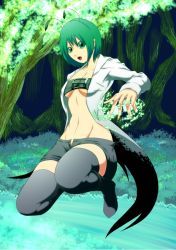 Rule 34 | 1girl, adapted costume, alternate costume, antennae, belt bra, black footwear, black shorts, boots, breasts, coat, dososin, energy, full body, grass, green eyes, green hair, legs up, looking at viewer, matching hair/eyes, night, open clothes, open coat, open mouth, short hair, shorts, small breasts, solo, thigh boots, thighhighs, thighs, toned, touhou, tree, white coat, wriggle nightbug