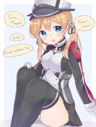 Rule 34 | 10s, 1girl, anchor hair ornament, black ribbon, black thighhighs, blonde hair, blue eyes, blush, breasts, cross, fang, german text, gloves, hair ornament, hat, heart, highres, iron cross, irone (miyamiya38), kantai collection, large breasts, long hair, long sleeves, military, military uniform, open mouth, panties, pantyshot, peaked cap, prinz eugen (kancolle), ranguage, ribbon, sitting, solo, thighhighs, twintails, underwear, uniform, white gloves, white panties