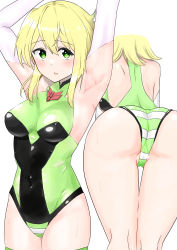 Rule 34 | 1girl, absurdres, akatsuki kirika, armpits, arms up, ass, bad id, bad pixiv id, bent over, blonde hair, blush, breasts, cameltoe, covered navel, green eyes, green leotard, highres, itoma-maikyo, leotard, looking at viewer, medium breasts, multiple views, open mouth, senki zesshou symphogear, shiny skin, short hair, skin tight, striped clothes, striped thighhighs, sweat, thighhighs