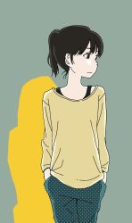 Rule 34 | 1girl, aqua background, black eyes, black hair, female focus, frown, hands in pockets, highres, hosoo, looking to the side, original, polka dot, ponytail, shirt, simple background, solo, tagme, tank top