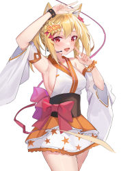 Rule 34 | 1girl, alternate costume, animal ear fluff, animal ears, arknights, arm up, armpits, blonde hair, blush, breasts, cowboy shot, finger to mouth, hair between eyes, hand up, highres, hongbaise raw, japanese clothes, kimono, long hair, looking at viewer, medium breasts, open mouth, red eyes, sideboob, simple background, smile, solo, sora (arknights), twintails, white background, wolf ears, yukata