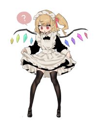 Rule 34 | 1girl, ?, alternate costume, apron, black dress, black footwear, black thighhighs, blonde hair, chestnut mouth, clothes lift, commentary request, crystal, dress, dress lift, enmaided, flandre scarlet, frills, full body, hair ornament, hair ribbon, hairclip, highres, lifted by self, long sleeves, looking down, maid, maid apron, maid headdress, mary janes, medium hair, pointy ears, red eyes, red ribbon, ribbon, semimaru (user zzuy5884), shoes, side ponytail, simple background, solo, spoken question mark, thighhighs, touhou, uniform, white apron, white background, wings
