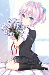 Rule 34 | 1girl, bed sheet, black skirt, black socks, black vest, blue eyes, blush, bouquet, closed mouth, collared shirt, commentary request, curtains, flower, full body, hair between eyes, hair intakes, hair ornament, hikobae, kantai collection, looking at viewer, looking to the side, no shoes, hugging object, pink hair, pleated skirt, ponytail, shiranui (kancolle), shirt, short sleeves, sitting, skirt, socks, solo, vest, wariza, white flower, white shirt, window