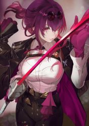Rule 34 | 1girl, butterfly brooch, butterfly ornament, coat, collar, crossed bangs, eyewear on head, glasses, gloves, high-waist pants, highres, honkai: star rail, honkai (series), kafka (honkai: star rail), multicolored coat, official art, pants, pince-nez, purple gloves, red eyes, round eyewear, salmon88, solo, sword, two-tone coat, weapon, white collar