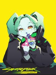 Rule 34 | 1girl, absurdres, arm support, artist request, breasts, cheek bulge, cup, cyberpunk, cyberpunk (series), cyberpunk 2077, cyberpunk edgerunners, drinking, expressionless, green hair, highres, holding, holding cup, jacket, lips, looking to the side, panties, rebecca (cyberpunk), small breasts, title, twintails, underwear, yellow background