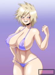 Rule 34 | 1girl, artist name, avalewds, bakugou mitsuki, bikini, blonde hair, blush, boku no hero academia, breasts, cleavage, collarbone, covered erect nipples, curvy, hand on own hip, highres, huge breasts, large breasts, looking at viewer, mature female, open mouth, purple bikini, red eyes, short hair, smile, solo, sweat, swimsuit, thick thighs, thighs, toned