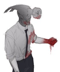 Rule 34 | 1boy, after battle, black necktie, black pants, blood, blood on clothes, blood on face, blood on hands, chainsaw man, clenched hand, commentary, demon boy, formal, hammer, highres, keibleh, limited palette, male focus, monster, monster boy, necktie, no eyes, pants, perry bible fellowship, shirt, sketch, white shirt