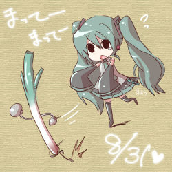 Rule 34 | 1girl, ?, aqua hair, bad id, bad pixiv id, black eyes, boots, chibi, detached sleeves, fleeing, hatsune miku, heart, long hair, lowres, necktie, running, skirt, sleeves past wrists, solo, spring onion, suou sakura, tears, thigh boots, thighhighs, translated, twintails, very long hair, vocaloid, zettai ryouiki