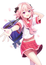 Rule 34 | 1boy, astolfo (fate), astolfo (sailor paladin) (fate), black ribbon, blush, braid, crossdressing, fate/grand order, fate (series), hair intakes, hair ribbon, long hair, male focus, navel, neckerchief, official alternate costume, open mouth, pink hair, pink neckerchief, purple eyes, red skirt, ribbon, ririko (zhuoyandesailaer), short sleeves, skirt, smile, solo, trap