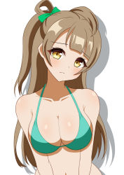 Rule 34 | 1girl, bikini, bow, breasts, brown eyes, cleavage, closed mouth, female focus, frown, green bikini, green bow, grey hair, hair bow, highres, large breasts, long hair, looking at viewer, love live!, love live! school idol project, minami kotori, navel, nemaki 9, simple background, swimsuit, white background