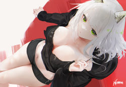 Rule 34 | 1girl, animal ear fluff, animal ears, arknights, black jacket, black shorts, blush, breasts, camisole, cat ears, cleavage, closed mouth, collarbone, green eyes, hood, hoodie, jacket, kal&#039;tsit (arknights), knees up, large breasts, long sleeves, looking at viewer, lying, navel, omone hokoma agm, on back, open clothes, open jacket, short hair, short shorts, shorts, signature, thighs, white hair