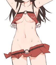 Rule 34 | 1girl, adapted costume, armpits, arms up, black hair, breasts, collarbone, commentary, frills, gluteal fold, groin, hakurei reimu, head out of frame, highres, long hair, medium breasts, microskirt, miyo (ranthath), navel, o-ring, red skirt, simple background, skirt, solo, stomach, sweat, touhou, underboob, white background