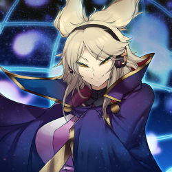 Rule 34 | 1girl, blonde hair, breasts, cape, cape tug, colored eyelashes, earmuffs, evil eyes, glowing, large breasts, looking down, parted bangs, patterned background, platinum blonde hair, sekiyu (spartan), short eyebrows, short hair, smile, solo, touhou, toyosatomimi no miko, upper body, yellow eyes