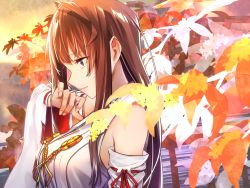 Rule 34 | 10s, 1girl, ahoge, autumn leaves, baffu, bare shoulders, breasts, brown hair, closed mouth, cloud, commentary request, detached sleeves, from side, hand up, unworn headgear, highres, japanese clothes, kantai collection, kongou (kancolle), leaf, lips, long hair, long sleeves, maple leaf, medium breasts, nontraditional miko, ocean, purple eyes, sidelocks, smile, solo, sunset, wide sleeves