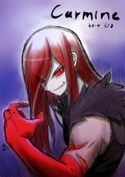Rule 34 | 1boy, carmine (under night in-birth), dated, elbow gloves, evil grin, evil smile, fur collar, gloves, grin, hair over one eye, long hair, male focus, official art, red gloves, red hair, smile, solo, under night in-birth