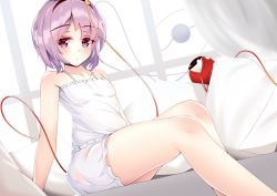 Rule 34 | 1girl, bed, bloomers, blush, closed mouth, collarbone, commentary request, curtains, eyelashes, hairband, highres, ke-ta (style), knees, komeiji satori, looking at viewer, mantou xiang, pillow, purple eyes, purple hair, red hairband, short hair, solo, standing, tank top, thighs, third eye, touhou, underwear