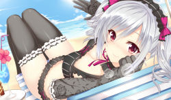 Rule 34 | 10s, 1girl, beach, black gloves, black thighhighs, blush, breasts, breath, cleavage, day, drill hair, glass, gloves, idolmaster, idolmaster cinderella girls, kanzaki ranko, lace, lace-trimmed legwear, lace trim, legs, long hair, looking at viewer, looking back, lying, medium breasts, nakatama kyou, ocean, red eyes, ribbon, silver hair, smile, thigh gap, thighhighs, thighs, twintails