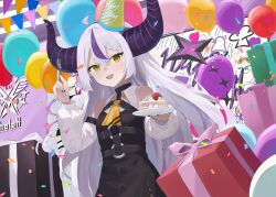 Rule 34 | 1girl, absurdres, ahoge, ascot, balloon, birthday, black dress, black nails, box, cake, cake slice, commentary request, confetti, demon girl, demon horns, detached sleeves, dress, evening rabbit, fang, food, fork, gift, gift box, grey hair, happy birthday, hat, highres, holding, holding fork, hololive, holox, horns, la+ darknesss, la+ darknesss (1st costume), long hair, long sleeves, looking at viewer, multicolored hair, open mouth, partial commentary, party hat, pointy ears, purple hair, sidelocks, skin fang, sleeveless, sleeveless dress, smile, solo, streaked hair, striped horns, tokoyami towa, very long hair, virtual youtuber, yellow ascot, yellow eyes