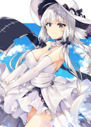 Rule 34 | 1girl, ahoge, anchor symbol, azur lane, bare shoulders, blue eyes, blue gemstone, blue sky, blush, breasts, choker, cleavage, cloud, collarbone, day, dress, elbow gloves, flight deck, floating hair, garter straps, gem, gloves, hair ornament, hair ribbon, hat, highres, illustrious (azur lane), jewelry, lace-trimmed hat, lace trim, large breasts, light particles, long hair, looking at viewer, low twintails, mole, mole under eye, outdoors, own hands together, pendant, ribbon, sky, smile, solo, sparkle, strapless, strapless dress, sun hat, thighhighs, thighs, tress ribbon, tuxedo de cat, twintails, water drop, white dress, white gloves, white hair, white hat, wind, wind lift