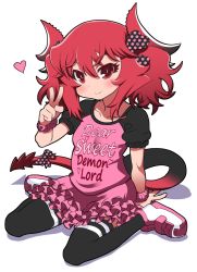 Rule 34 | 1girl, alternate hairstyle, black thighhighs, blush, bow, bracelet, clothes writing, demon girl, demon horns, demon tail, flat chest, frilled skirt, frills, full body, hair bow, heart, highres, horns, jewelry, long hair, maou beluzel, matsuda yuusuke, puffy short sleeves, puffy sleeves, raglan sleeves, red eyes, red hair, short sleeves, short twintails, sitting, skirt, smile, solo, tail, tail bow, tail ornament, thighhighs, twintails, wariza, aged down, yuusha to maou
