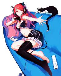 Rule 34 | 1girl, absurdres, bare shoulders, black thighhighs, blue upholstery, breasts, cat, cleavage, controller, couch, demon tail, dualshock, frills, game console, game controller, gamepad, headset, highres, horns, long hair, lying, matching hair/eyes, medium breasts, midriff, navel, nintendo, on side, original, playstation 3, playstation controller, ps3 controller, red eyes, red hair, scan, single thighhigh, smile, solo, sony, tail, thighhighs, vofan, wii, wii remote, xbox