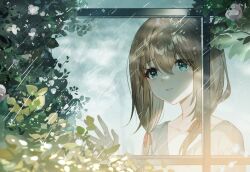 Rule 34 | 1girl, blue eyes, brown hair, collarbone, guzangnanfeng, hair between eyes, hair ribbon, hand up, highres, leaf, long hair, low twintails, original, parted lips, rain, red ribbon, ribbon, solo, twintails, upper body, v-neck, window
