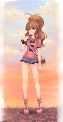 Rule 34 | 1girl, bag, blue eyes, blush, bow, brown hair, cosplay, creatures (company), denim, denim shorts, full body, game freak, high heels, highvoltage, hilda (pokemon), long hair, nintendo, pokemon, pokemon bw, pokemon xy, ponytail, shauna (pokemon), shauna (pokemon) (cosplay), shoes, shorts, simple background, solo, standing, wristband