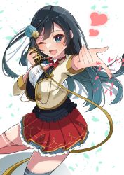 Rule 34 | afterschool school idol (love live!), aiguillette, black eyes, black hair, blouse, bow, bowtie, buttons, collared shirt, cropped jacket, double-breasted, feather hair ornament, feathers, flower, frilled shirt, frilled skirt, frills, grey eyes, hair flower, hair ornament, heart, highres, idol clothes, jacket, kimura mitsuki, long hair, love live!, love live! nijigasaki high school idol club, microphone, miniskirt, one side up, red bow, red bowtie, red skirt, shirt, simple background, skirt, solo, white background, white shirt, yellow jacket, yuki setsuna (love live!)